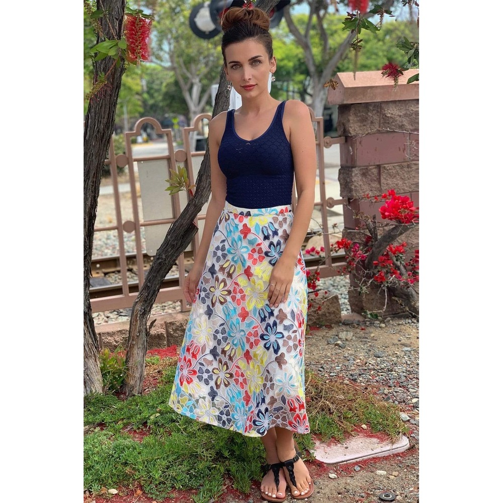 Eva Franco Floral Embroidered Mesh Midi‎ Skirt Multicolor Size 14 EM6596AN